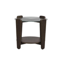 Runt soffbord i mörkbrun ek med glasskiva och hylla, moderna ben i trä