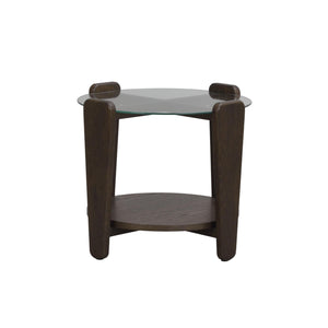 Runt soffbord i mörkbrun ek med glasskiva och hylla, moderna ben i trä