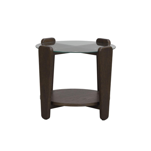 Runt soffbord i mörkbrun ek med glasskiva och hylla, moderna ben i trä