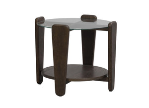 Runt soffbord med glasskiva och mörkbrun träram, fyra ben och hylla under