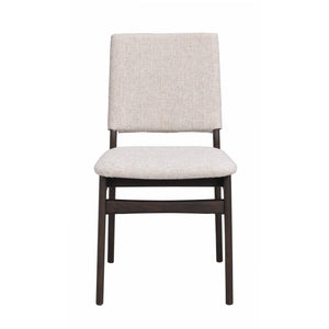 Ljusgrå stoppad matstol med mörkbruna träben i modern skandinavisk design