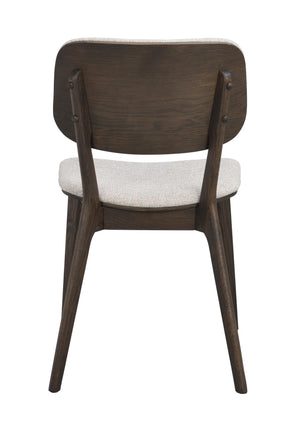 Matstol i mörkt trä med ljusgrå stoppad sits, vy bakifrån