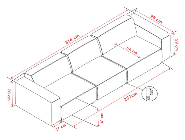 Måttskiss 3-sits soffa med dimensioner: längd 257 cm, djup 98 cm, höjd 70 cm, sitthöjd 41 cm