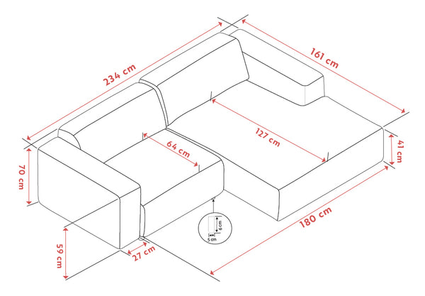 Måttskiss av hörnsoffa med schäslong, visar dimensioner 234x161x180 cm med sitthöjd 41 cm och djup 70 cm