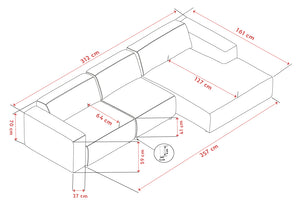Måttskiss av L-formad hörnsoffa med dimensioner 312x257 cm, sitthöjd 41 cm och ryggstödshöjd 70 cm