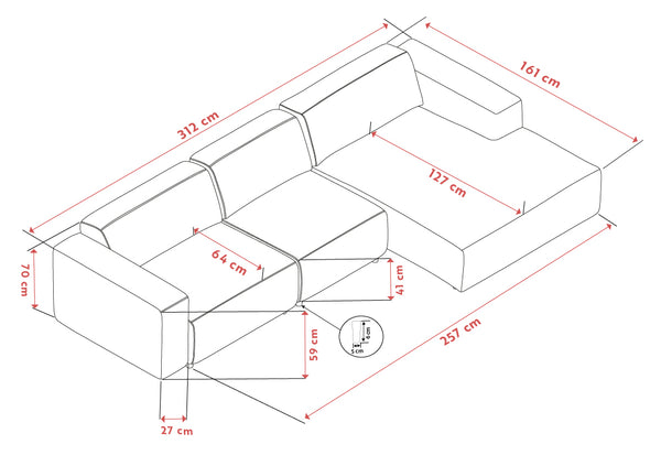 Måttskiss av L-formad hörnsoffa med dimensioner 312x257 cm, sitthöjd 41 cm och ryggstödshöjd 70 cm