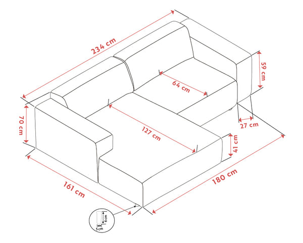 Måttritning av U-formad soffa med schäslong, visar dimensioner 234x180 cm, sitthöjd 59 cm och djup 70 cm