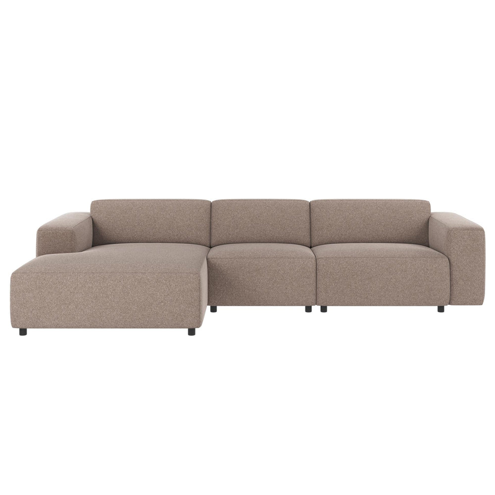 Beige modulsoffa med schäslong i mjuk klädsel, modern design med låga ben