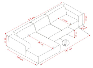 Måttritning av hörnsoffa med schäslong, visar dimensioner 257x161 cm, sitthöjd 41 cm och ryggstödshöjd 65 cm