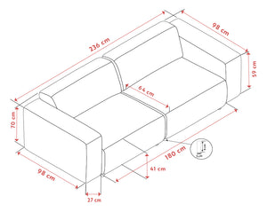 Måttskiss av 2-sits soffa med armstöd, visar dimensioner 236x98x70 cm, sittdjup 64 cm och sits höjd 41 cm