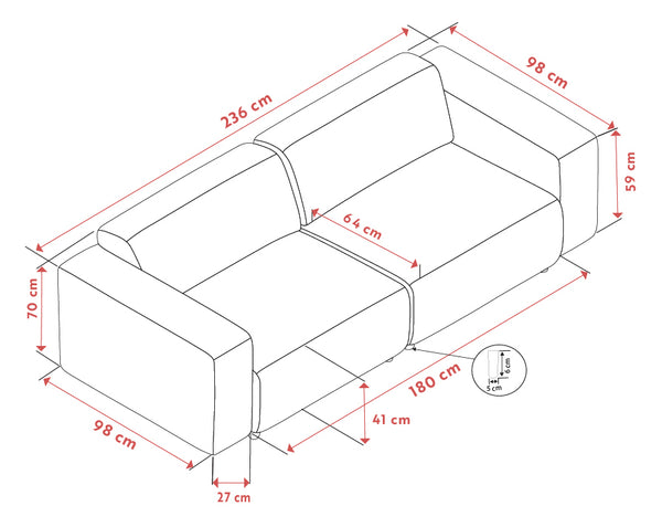 Måttskiss av 2-sits soffa med armstöd, visar dimensioner 236x98x70 cm, sittdjup 64 cm och sits höjd 41 cm