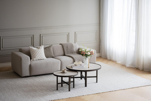 Ljusgrå 3-sits soffa med prydnadskuddar och soffbord i vardagsrum med ljusa väggar