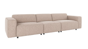 Beige modulsoffa med tre sittplatser och mjuka kuddar i modern design