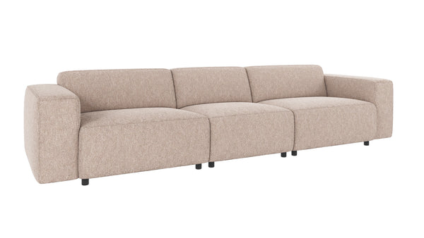 Beige modulsoffa med tre sittplatser och mjuka kuddar i modern design