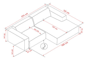 Måttskiss av hörnsoffa med schäslong, visar dimensioner 234x161x180 cm med sitthöjd 41 cm och sittdjup 59 cm