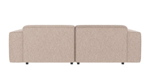 Beige tvåsits soffa sedd bakifrån med mjuk klädsel och låga ben