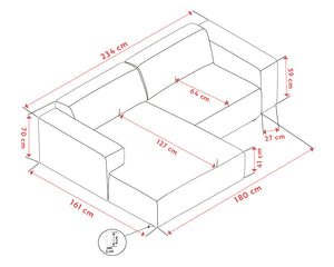 Måttskiss av U-formad soffa med schäslong, visar dimensioner 234x180 cm, sitthöjd 47 cm och totalhöjd 70 cm