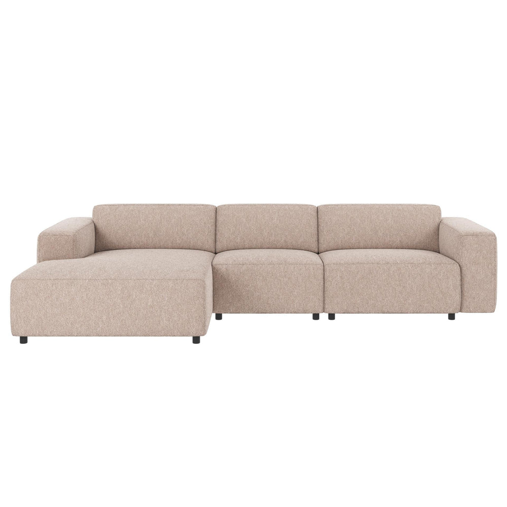 Beige modulsoffa med schäslong i tyg, modern design med låga ben och mjuka kuddar