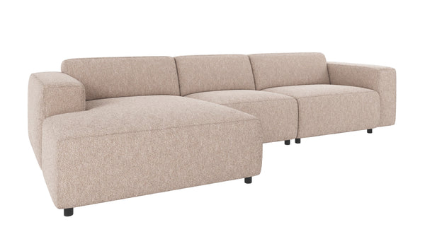 Beige modulär hörnsoffa med chaise longue i bouclé-tyg, modern design med låga ben