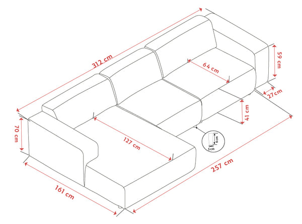 Måttritning av hörnsoffa med schäslong, visar dimensioner 312x257 cm med sitthöjd 41 cm och ryggstödshöjd 65 cm