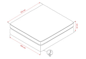 Måttskiss av säng med madrass: 112 cm bredd, 103 cm längd, 41 cm höjd, ben 4,5 cm