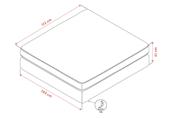 Måttskiss av säng med madrass: 112 cm bredd, 103 cm längd, 41 cm höjd, ben 4,5 cm