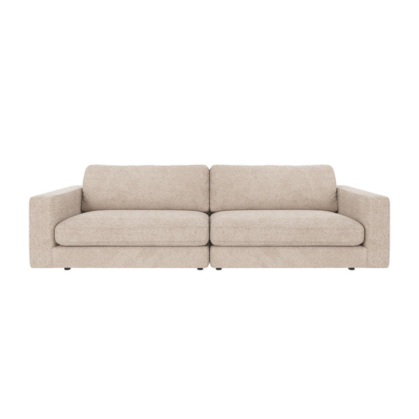 Beige tvåsitsssoffa med modulär design och mjuka kuddar, modern skandinavisk stil