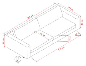 Måttskiss av 2-sits bäddsoffa med dimensioner: längd 226 cm, djup 103 cm, höjd 78 cm, sitshöjd 41 cm