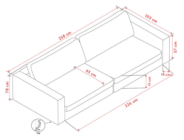 Måttskiss av 2-sits bäddsoffa med dimensioner: längd 226 cm, djup 103 cm, höjd 78 cm, sitshöjd 41 cm