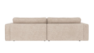 Beige tvåsits soffa med löstagbara kuddar och låg profil, sedd bakifrån