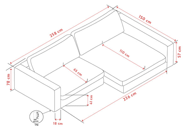 Möbelmått för hörnsoffa med schäslong - 258 cm bred, 226 cm djup, 78 cm hög med detaljerade dimensioner