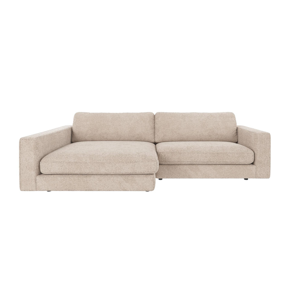 Beige modulsoffa med chaise lounge, modern design med djupa dynor och låga armstöd