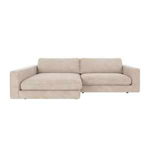Beige modulsoffa med chaise lounge, modern design med djupa dynor och låga armstöd