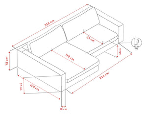 Måttskiss av hörnsoffa med schäslong, visar dimensioner 258x226 cm med sitthöjd 41 cm och benhöjd 45 cm