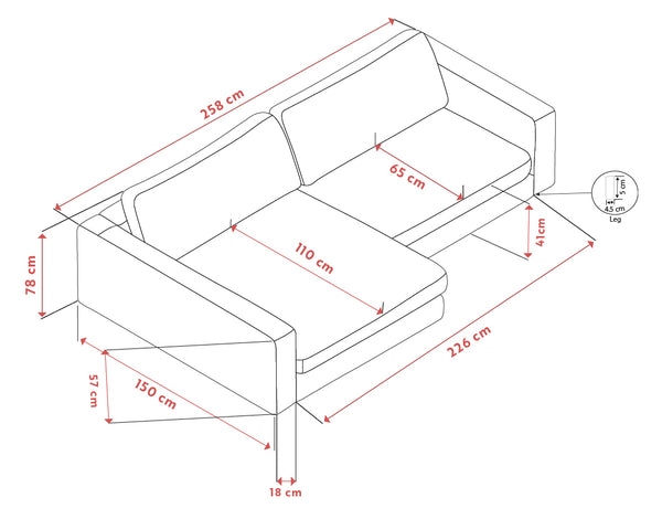 Måttskiss av hörnsoffa med schäslong, visar dimensioner 258x226 cm med sitthöjd 41 cm och benhöjd 45 cm