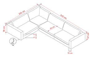 Måttskiss hörnsoffa med dimensioner 345x233 cm, sitthöjd 41 cm och djup 78 cm