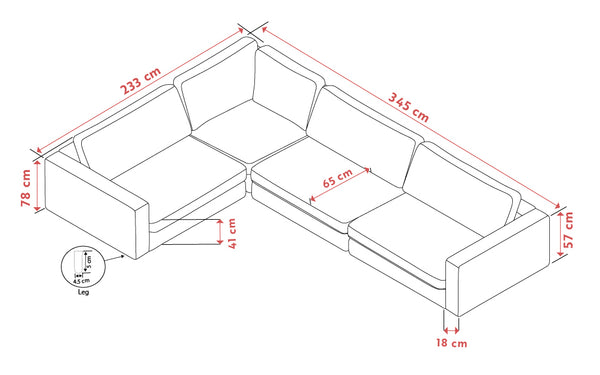 Måttskiss hörnsoffa med dimensioner 345x233 cm, sitthöjd 41 cm och djup 78 cm