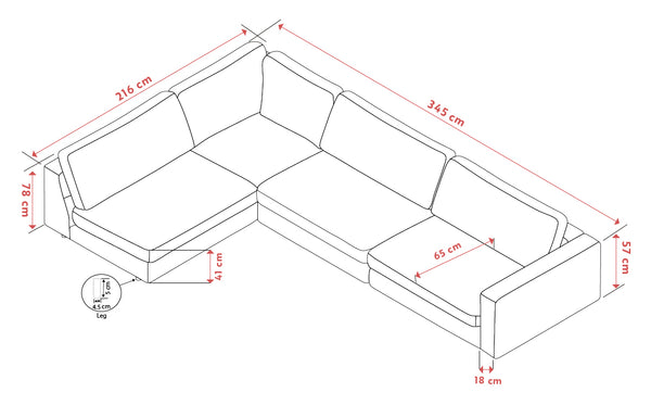 Måttskiss hörnsoffa med dimensioner 216x345 cm, sitthöjd 41 cm och totalhöjd 78 cm