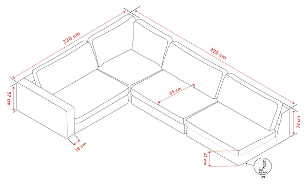 Måttritning av U-formad hörnsoffa med dimensioner: 230 cm, 325 cm, 78 cm djup och 57 cm höjd