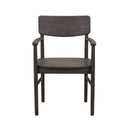 Mörkbrun träarmstol med raka ben och enkel skandinavisk design, framifrån