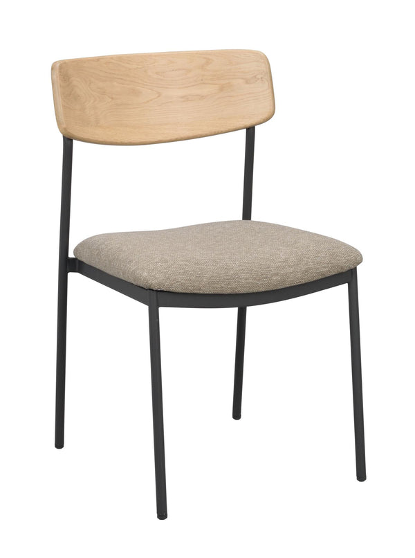 Matstol med svart metallstativ, ljust trästöd och beige stoppat säte i tyg