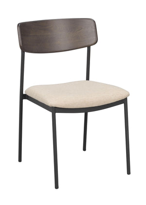 Stol med svart metallstomme, mörkgrå trärygg och beige stoppad sits i tyg