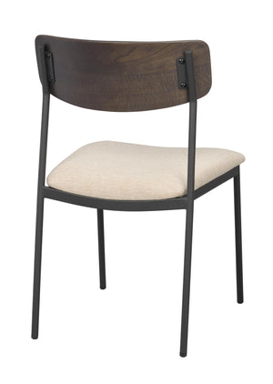 Matstol med svart metallstomme, beigevit stoppad sits och mörkt träryggstöd