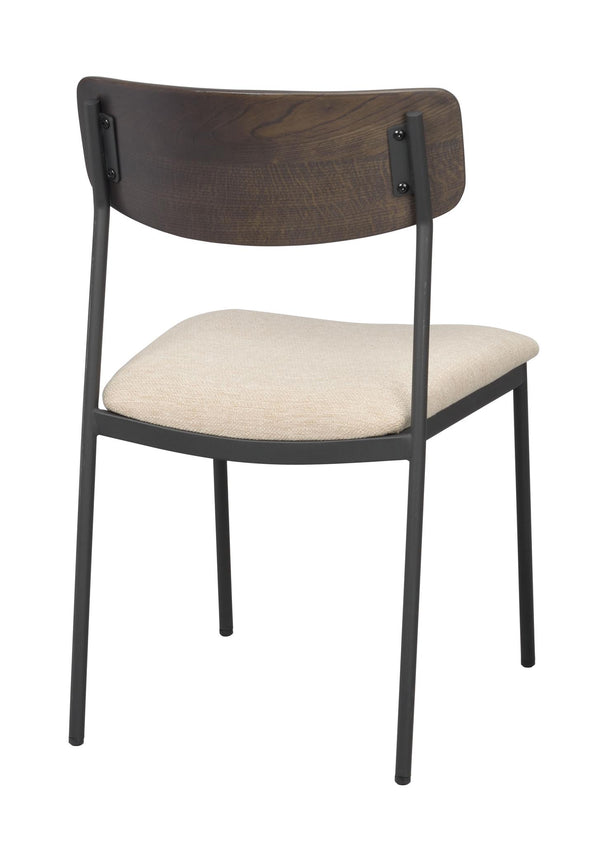 Matstol med svart metallstomme, beigevit stoppad sits och mörkt träryggstöd