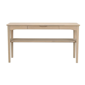 Avlastningsbord i ljust trä med låda och hylla, skandinavisk design