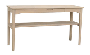 Hallbord i ljust trä med låda och hylla, skandinavisk design med fyra ben