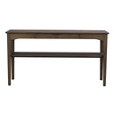 Mörkbrun skrivbord i trä med tre lådor och hylla, enkel design i massiv ek