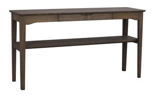 Avlastningsbord i mörkt trä med två lådor och hylla, sidovy av hallmöbel i klassisk design