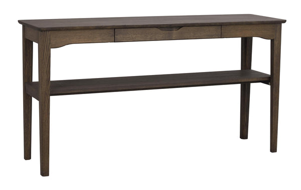 Avlastningsbord i mörkt trä med två lådor och hylla, sidovy av hallmöbel i klassisk design