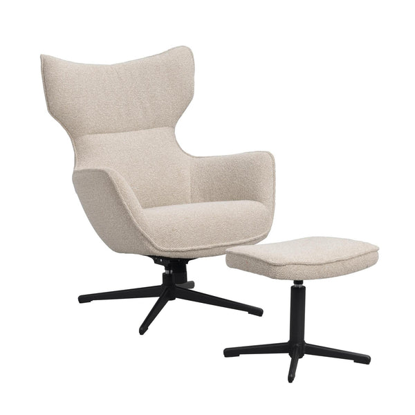 Beige fåtölj med fotpall och svart stjärnfot, modern design med hög rygg